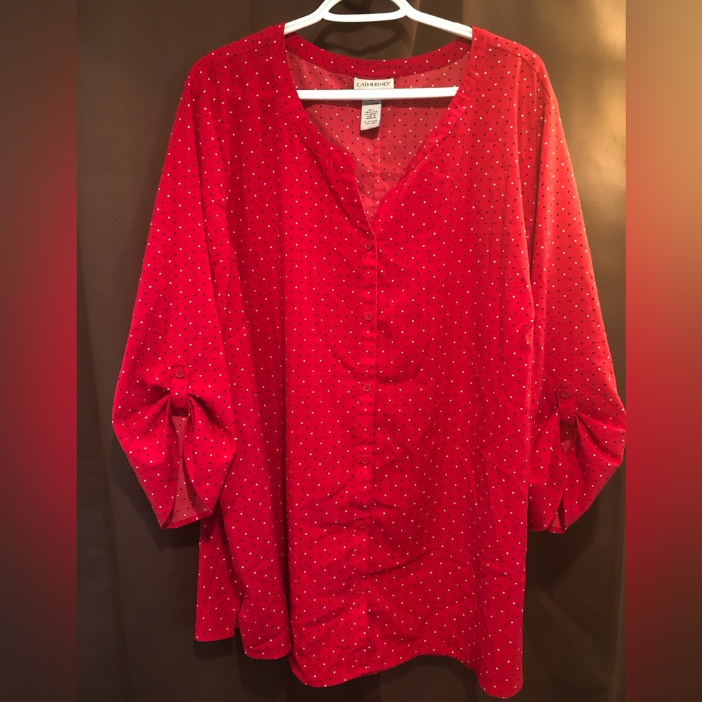 Get 4th of July ready! Gorgeous red blouse with white and blue polka dots